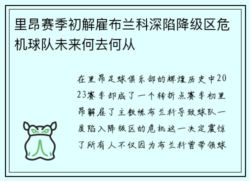 里昂赛季初解雇布兰科深陷降级区危机球队未来何去何从